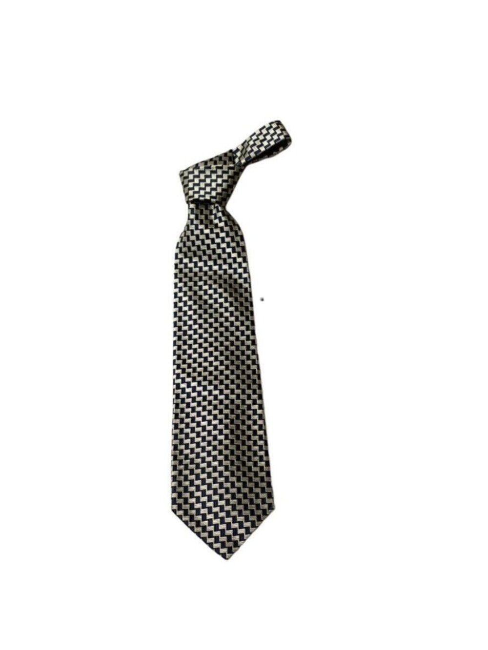 Baumler Mens Fashion Silk Tie Woven Blue/Beige Zigzag Checkered Pattern Vintage